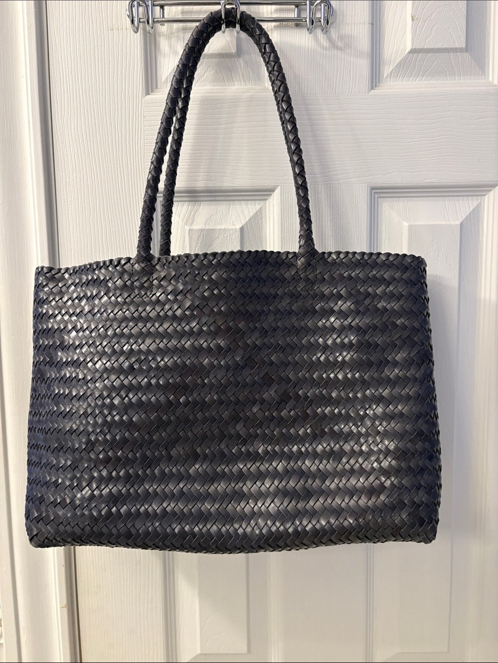 Madewell Dark Blue Woven Leather Tote, 16"W x 11"H